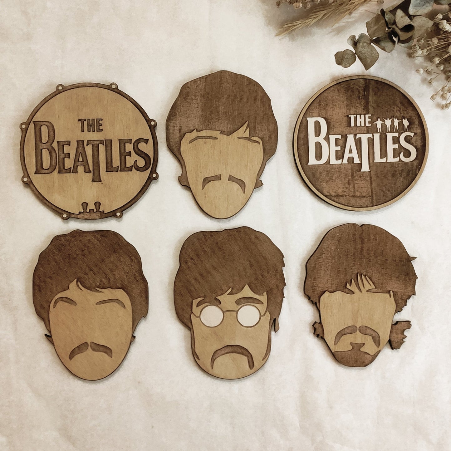 Set of 6 The Beatles Wooden Coasters - Handmade Gift - Housewarming - Wood Kitchenware - Rock Band