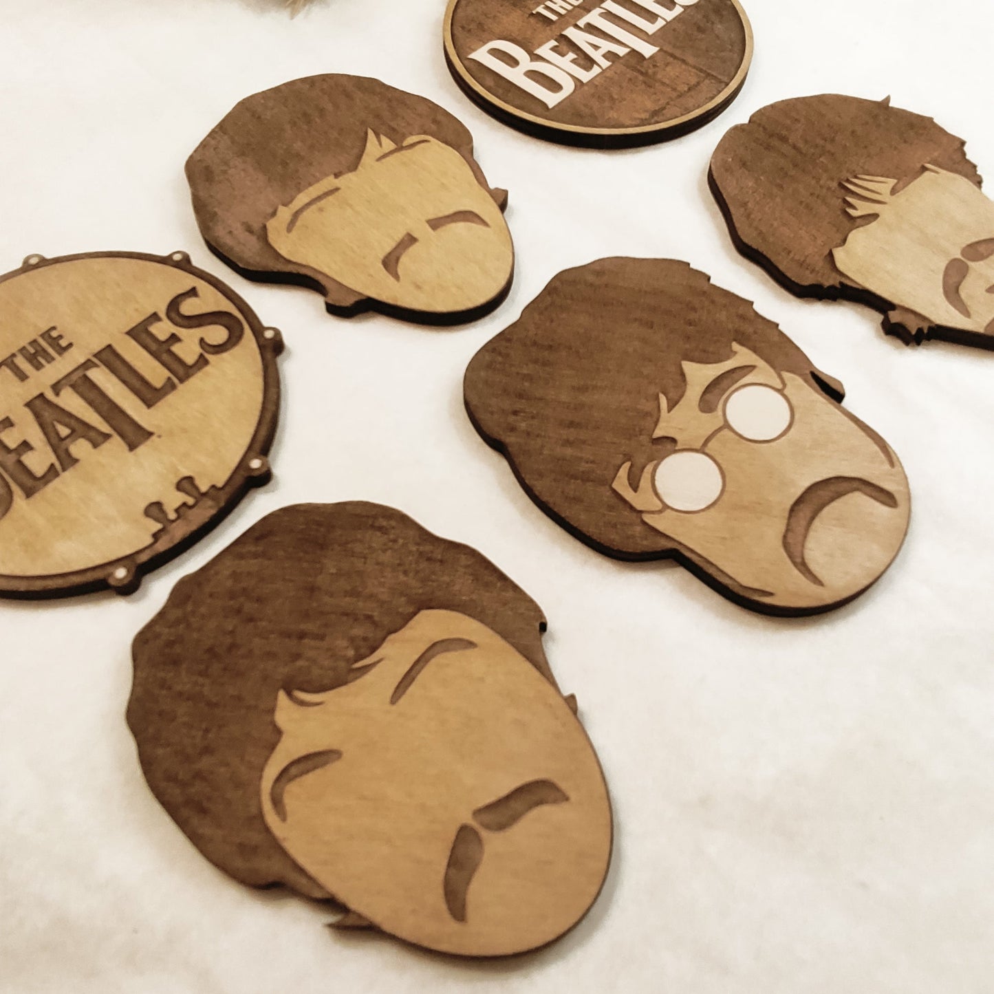 Set of 6 The Beatles Wooden Coasters - Handmade Gift - Housewarming - Wood Kitchenware - Rock Band