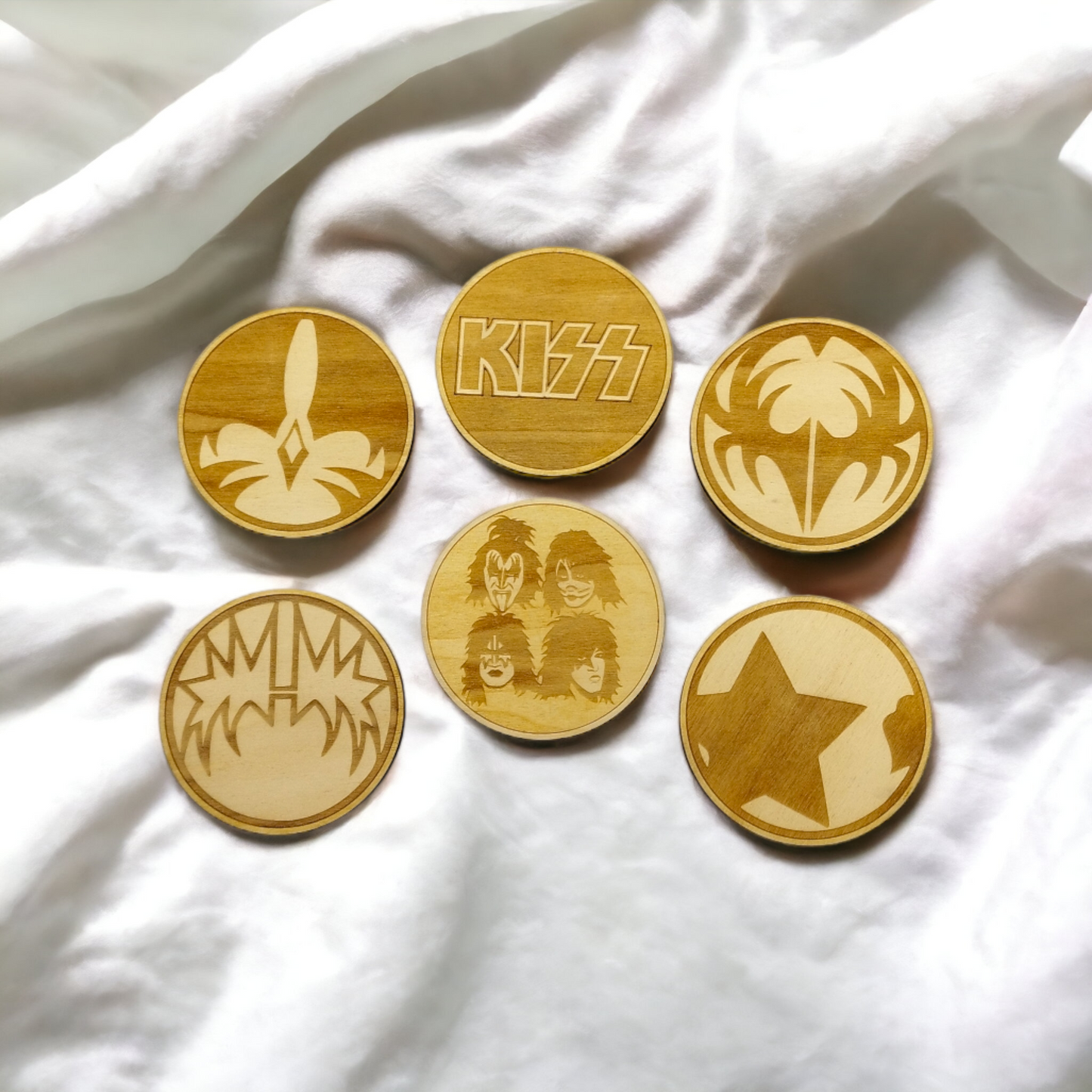 Set of 6 Kiss Wooden Coasters - Handmade Gift - Housewarming - Wood Kitchenware - Rock Band